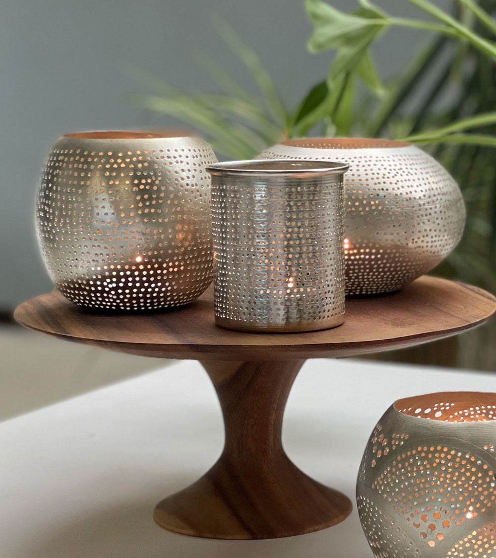 Photophore en laiton argenté perforé – Ø 12 cm