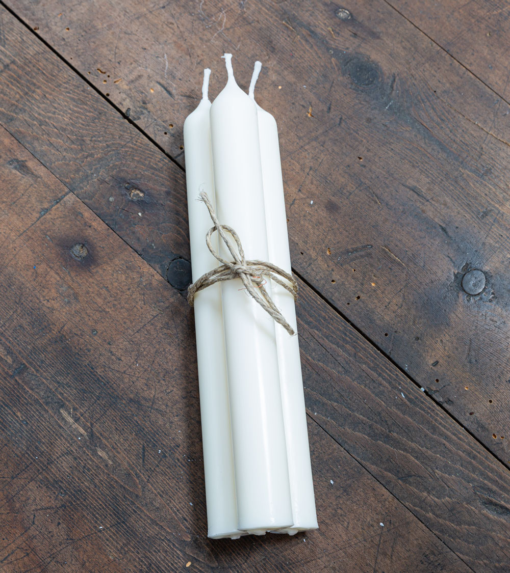 Pack de 3 bougies chandelles naturelles artisanales, attachées avec une cordelette, taille 20 cm
