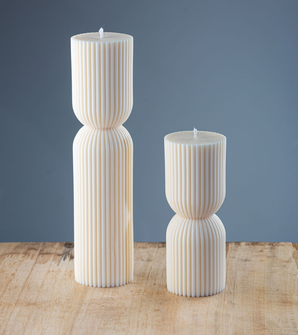 Gamme de bougies artisanales Marjolie, bougies naturelles en cire de colza, petites et grandes tailles, design colonne grecque