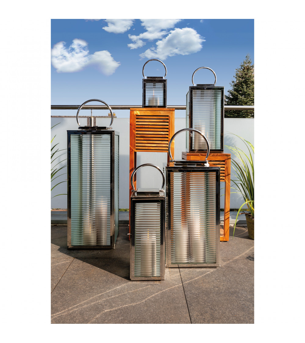 Lanterne Malaga 23 cm – Verre cannelé & inox design