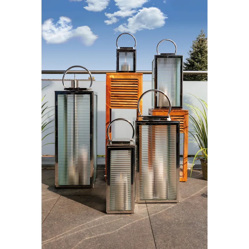 Lanterne Malaga 23 cm – Verre cannelé & inox design