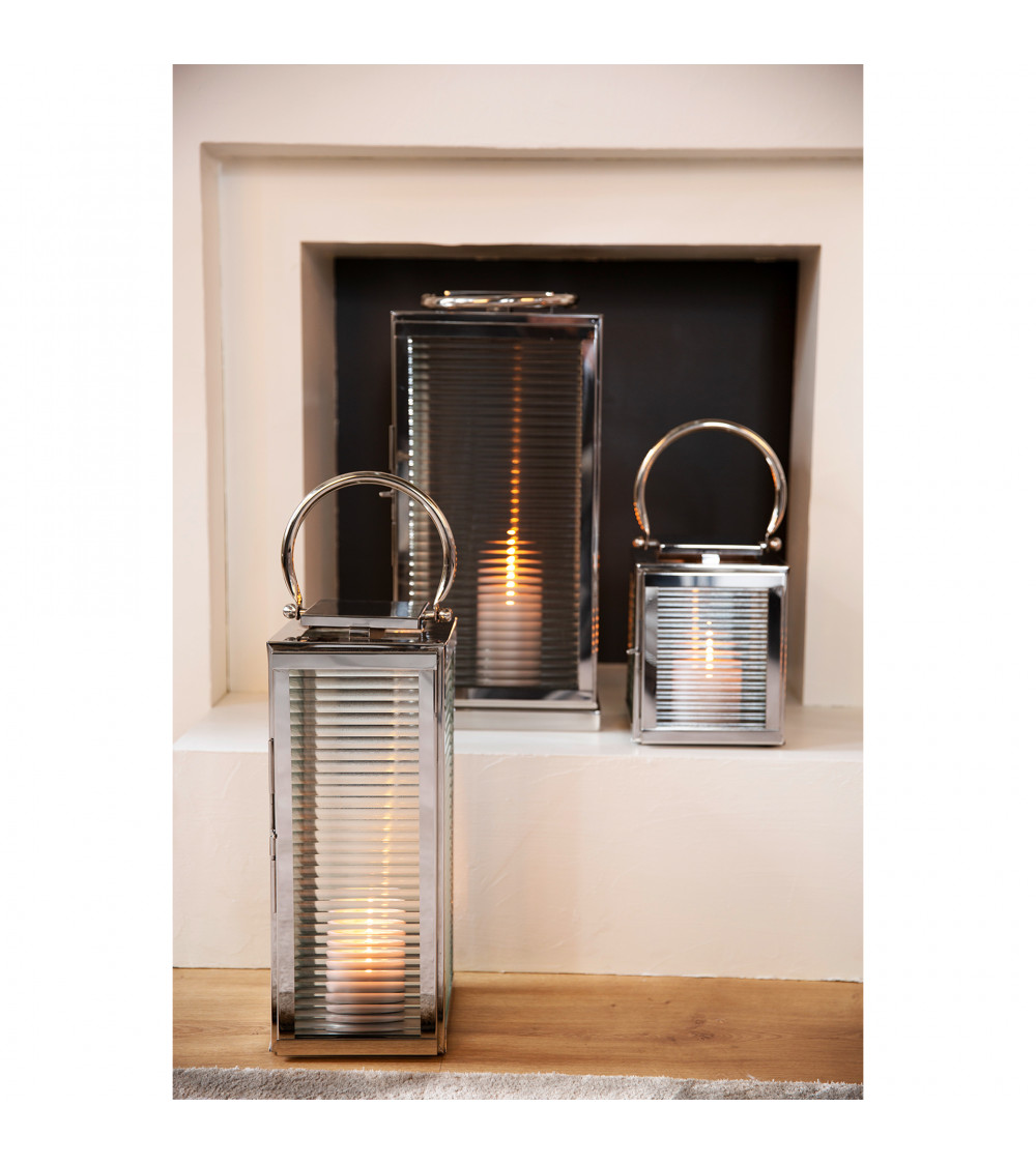 Lanterne Malaga 23 cm – Verre cannelé & inox design