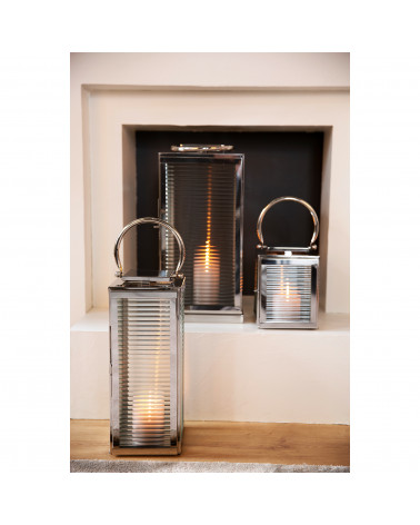 Lanterne Malaga 23 cm – Verre cannelé & inox design