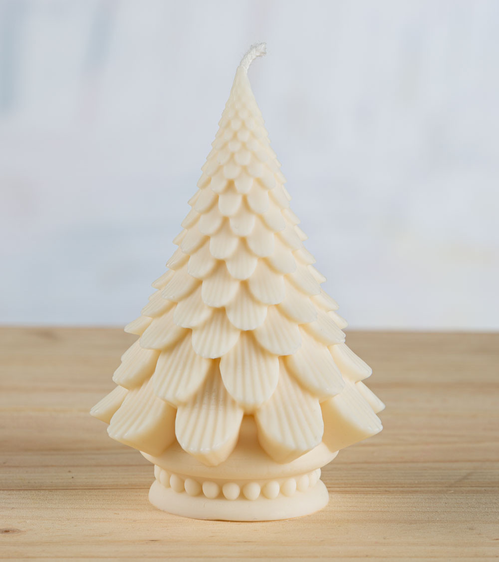 Bougie sapin naturelle en cire de colza sur support en bois, fabrication artisanale française