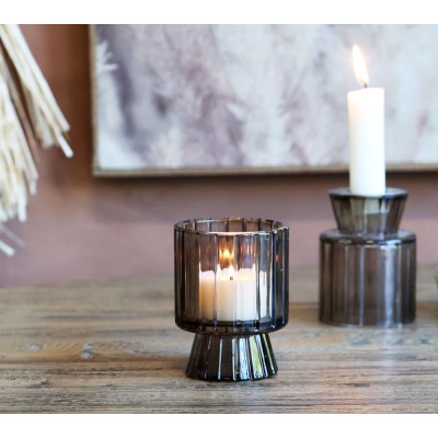 Photophore en verre moka avec chandelle et chauffe-plat allumées