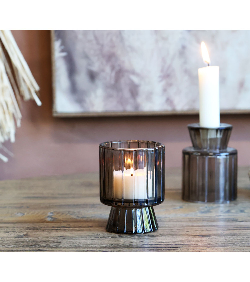 Photophore en verre moka avec chandelle et chauffe-plat allumées