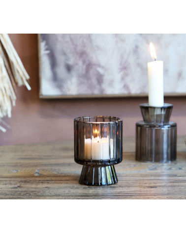 Photophore en verre moka avec chandelle et chauffe-plat allumées