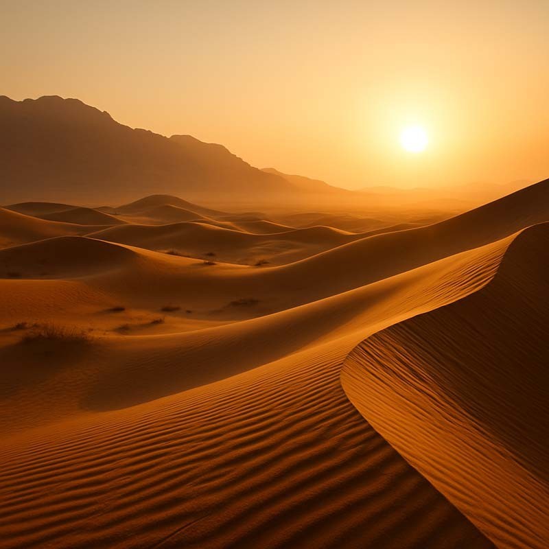 Dunes dorées au lever du soleil illustrant la bougie parfuméeDésert d’Oman
