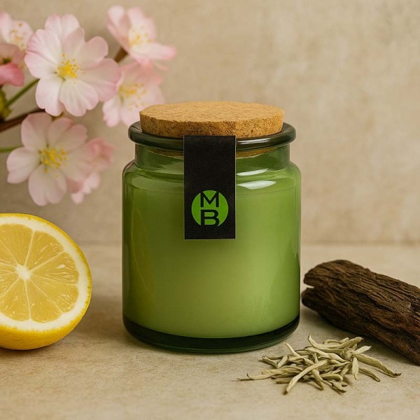 bougie parfumée jardin de Kyoto avec éléments de la pyramide olfactive