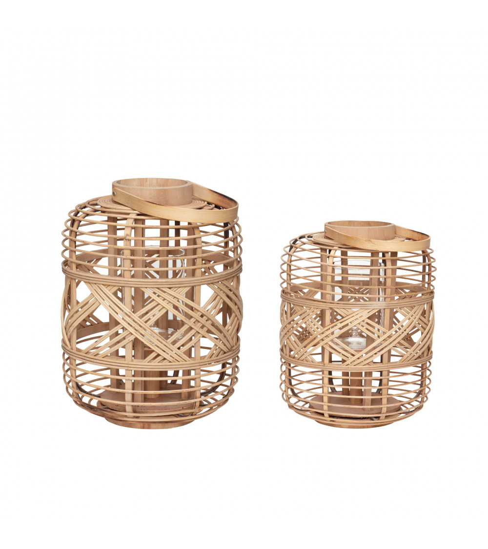 Lot de 2 lanternes en bambou naturel — tressage ajouré avec bandes diagonales et cylindre en verre, modèles Ø17×H29 et Ø20×H35