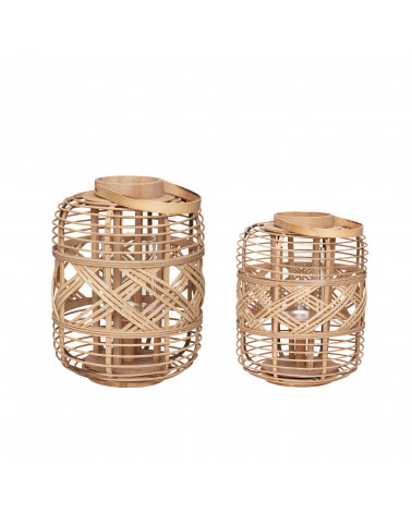 Lot de 2 lanternes en bambou naturel — tressage ajouré avec bandes diagonales et cylindre en verre, modèles Ø17×H29 et Ø20×H35