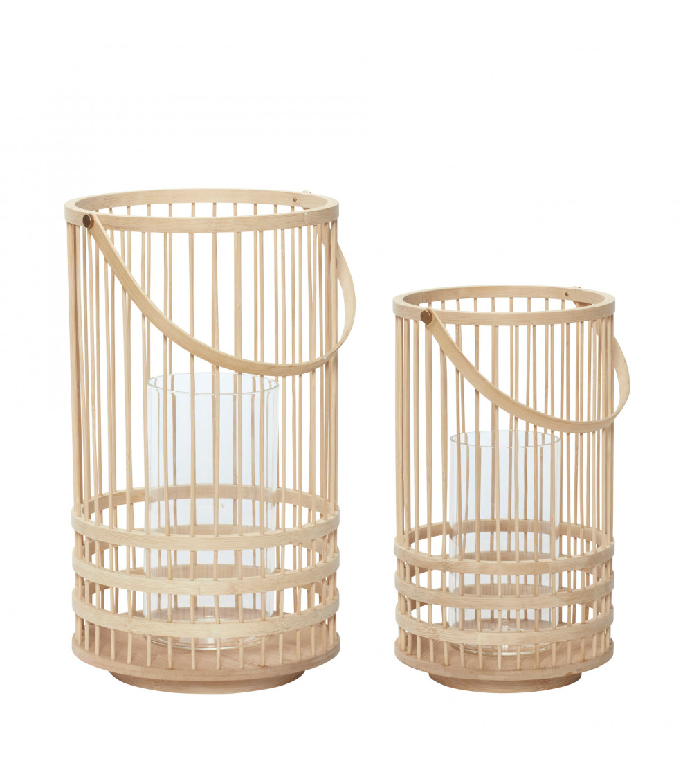 Lot de 2 lanternes en bambou naturel avec cylindre en verre – grand et petit modèle