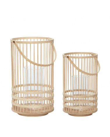 Lot de 2 lanternes en bambou naturel avec cylindre en verre – grand et petit modèle