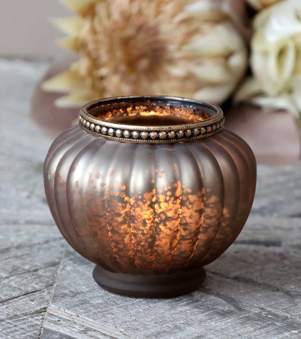 Photophore antique mocha avec perles décoratives