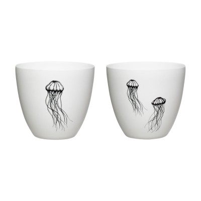 Vue avant de deux photophores en porcelaine avec impression méduse.
