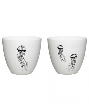 Vue avant de deux photophores en porcelaine avec impression méduse.