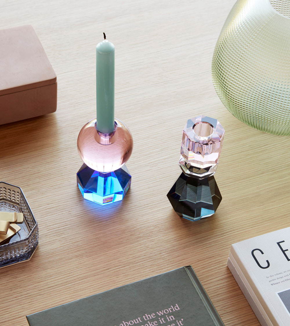 Bougeoir en cristal bleu/rose - Ø 7 cm x H 11 cm