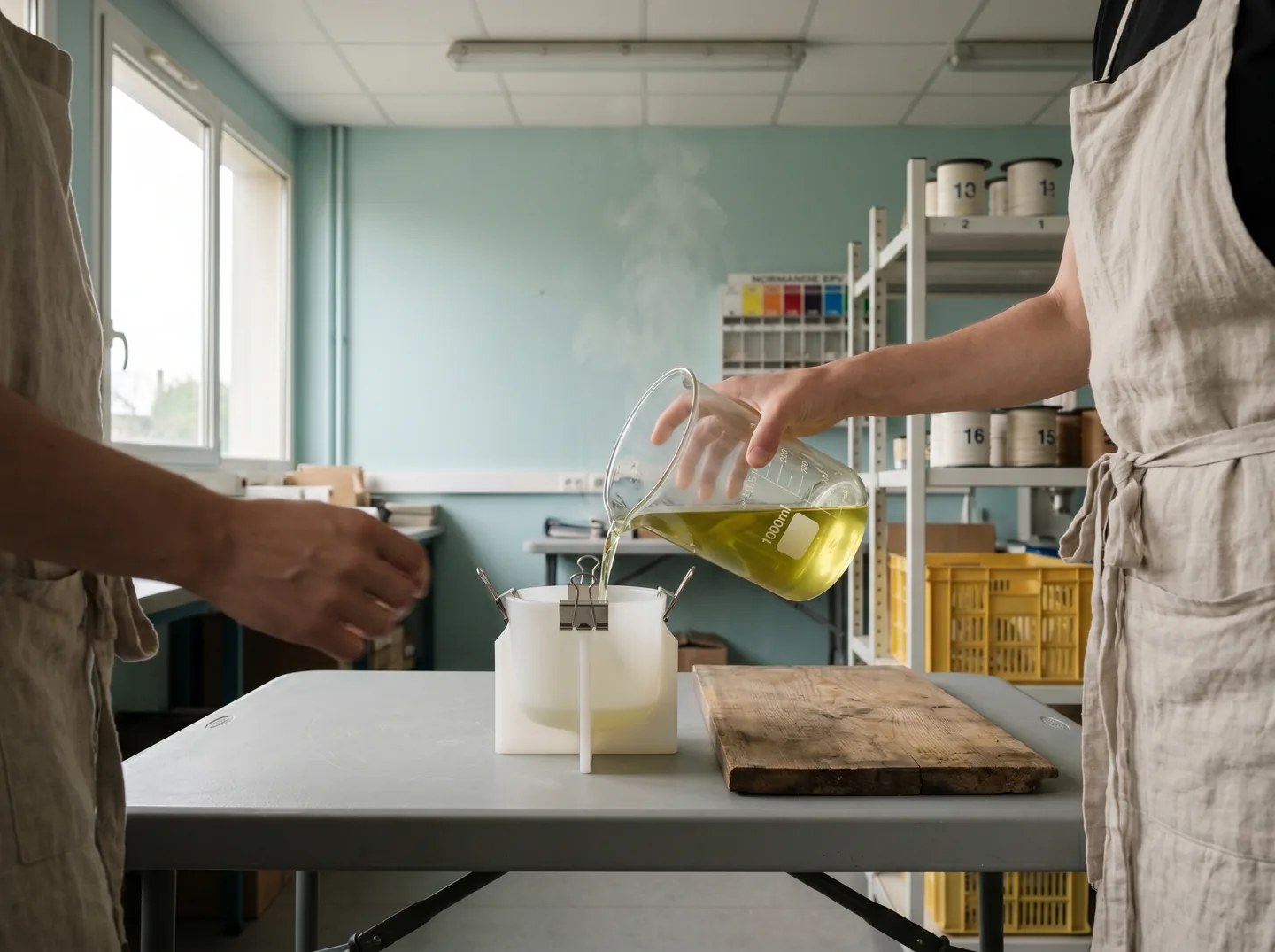 Artisan en tablier de lin versant un liquide jaune depuis un bécher dans un moule à savon, atelier avec étagères en arrière-plan