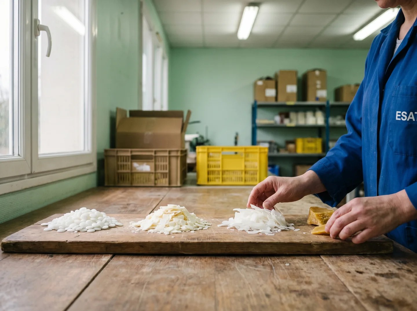 Mains d'un travailleur en blouse ESAT triant des matières premières de cire sur une planche en bois usée dans un atelier