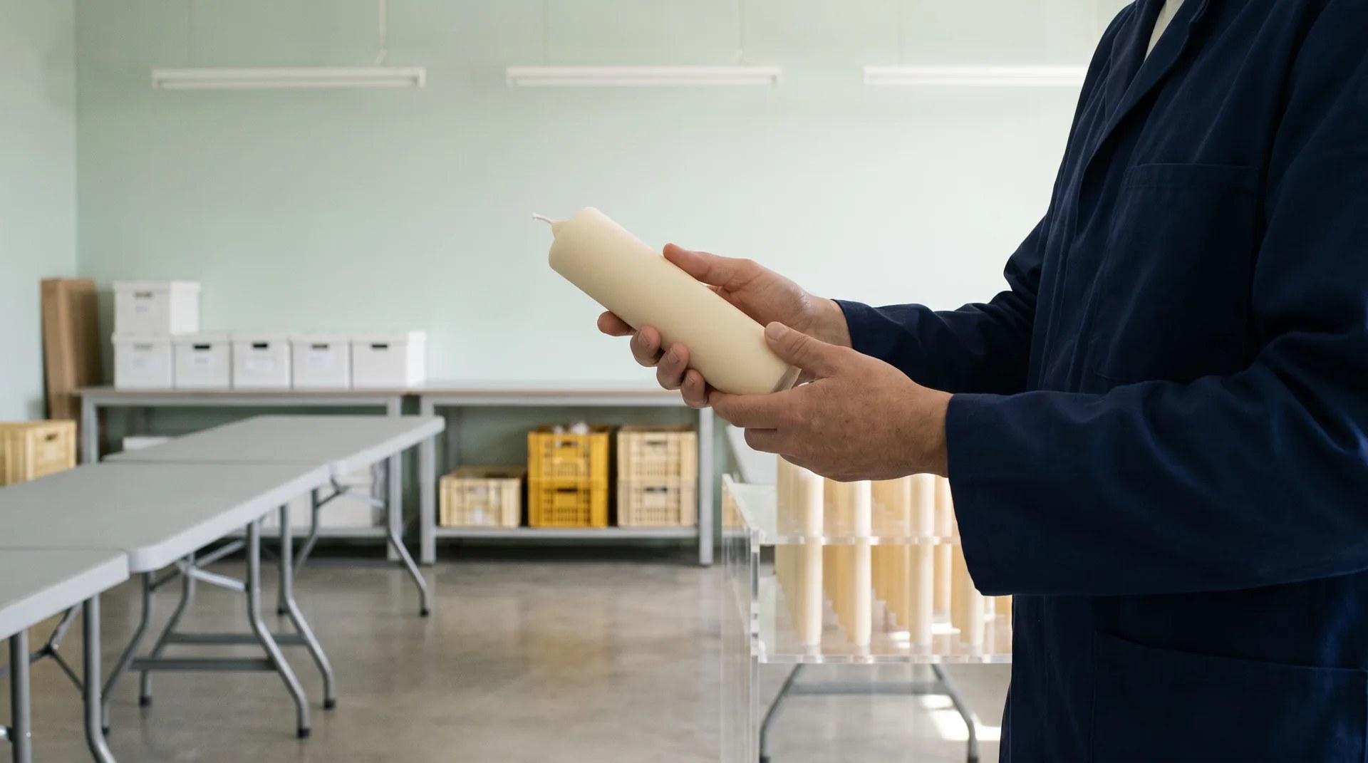 Artisan en blouse marine tenant une bougie cylindrique ivoire dans un atelier épuré, caisses de bougies en arrière-plan