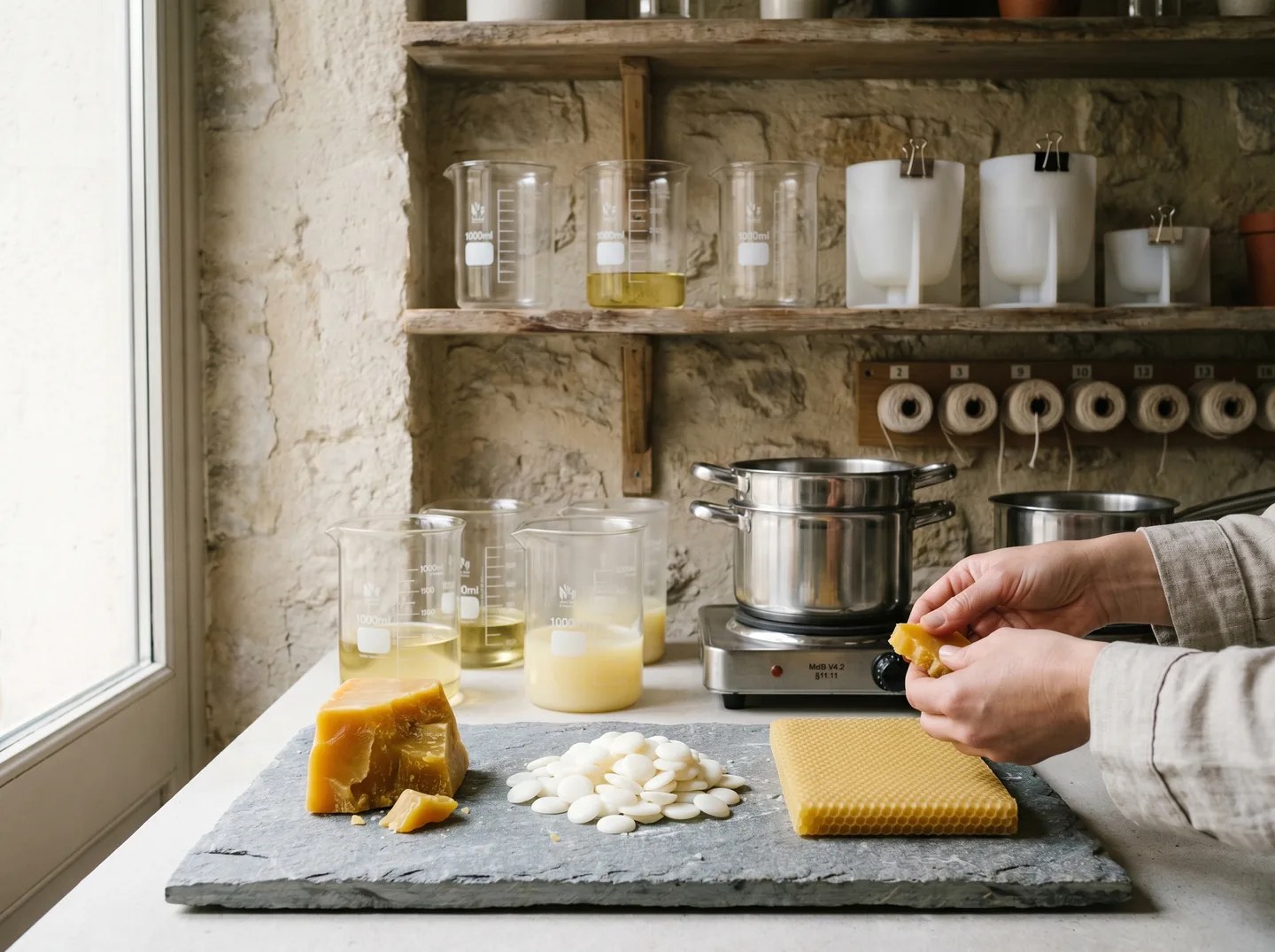 Mains préparant de la cire d'abeille et des pastilles de cire sur une ardoise, béchers et bain-marie dans un atelier en pierre naturelle