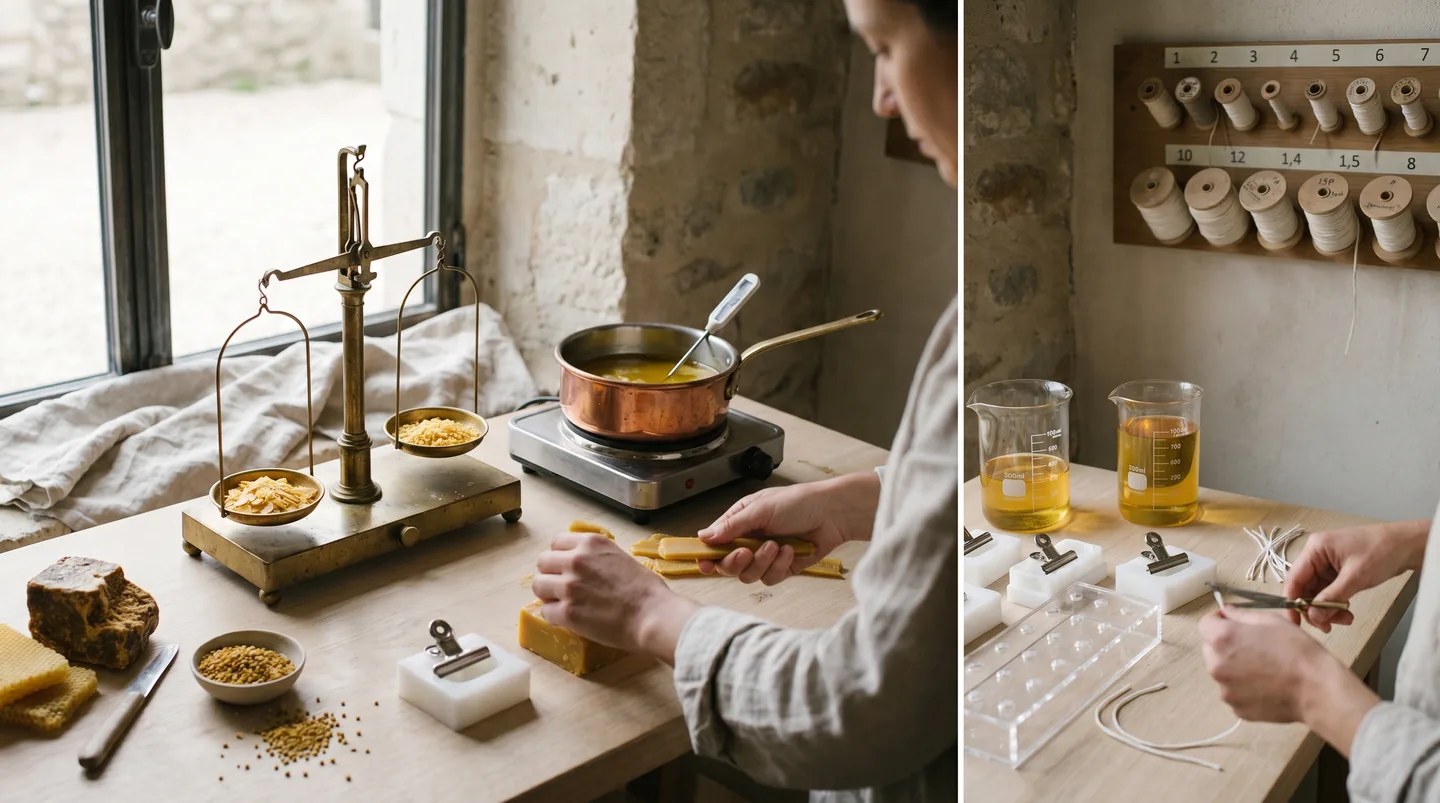Atelier artisanal de fabrication de bougies en cire d'abeille, balance en laiton, casserole en cuivre et béchers sur table en bois clair