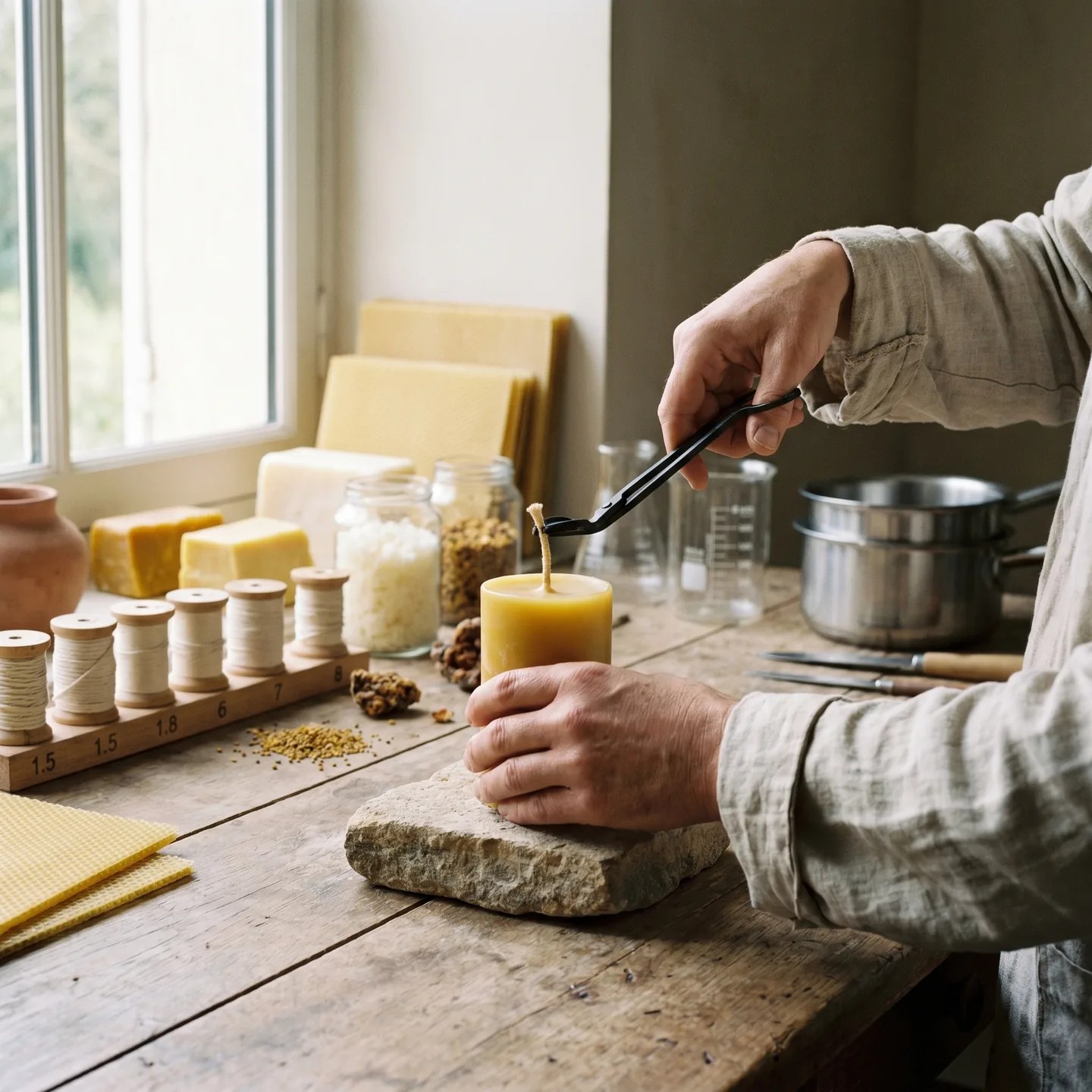Mains ajustant la mèche d'une bougie en cire d'abeille sur une pierre, table en bois brut avec bobines de coton et matériel artisanal