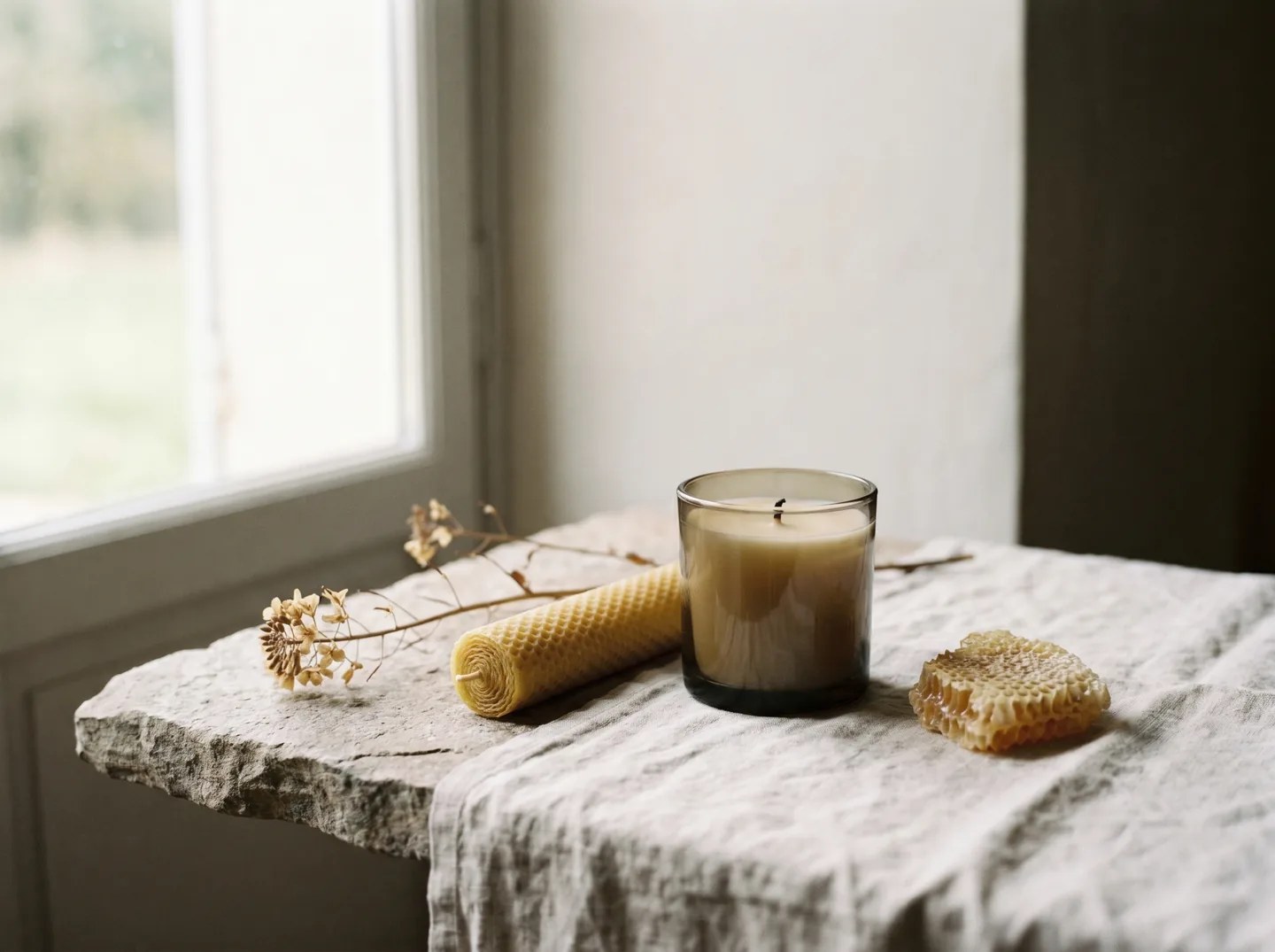 Bougie en verre fumé, bougie roulée en cire d'abeille et morceau de rayon de miel posés sur un linge de lin grège près d'une fenêtre